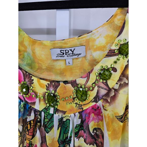 Spy Zone Exchange Womens Sz L Sleeveless Blouse Bright Yellow Butterfly Floral - Picture 3 of 5